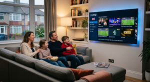 Family enjoying high quality entertainment on a smart TV in the living room using premium IPTV providers UK